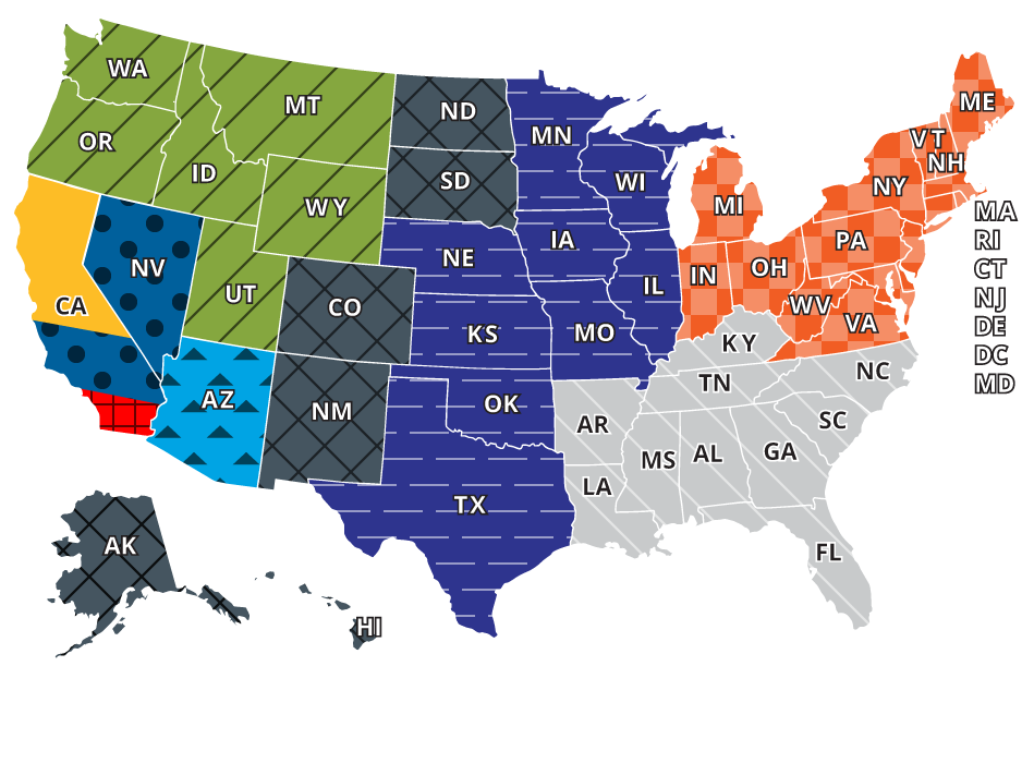 Map of United States Showing Sales Manager Territories